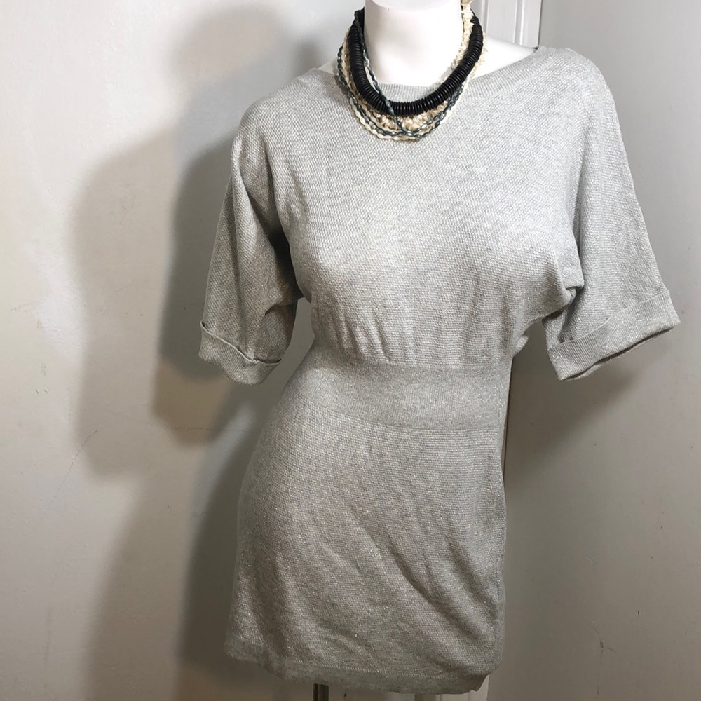 Express Silver Metallic Knit Dolman Cuffed Sleeve Sweater Mini Dress